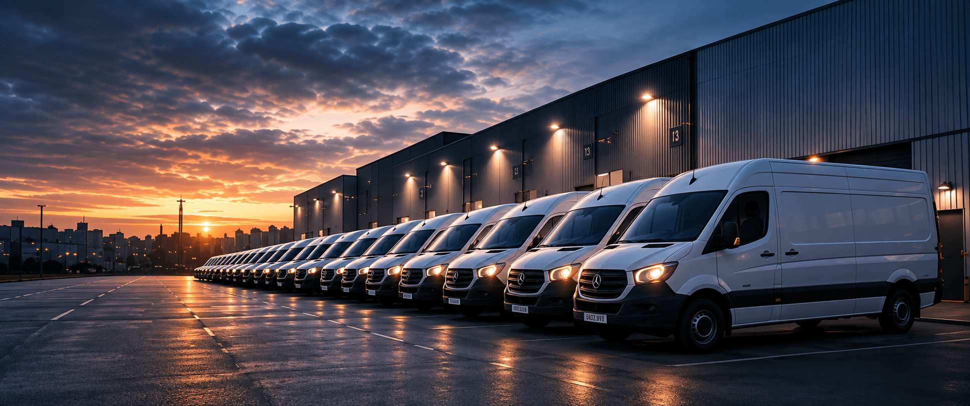 A line of delivery vans at a depot at dusk